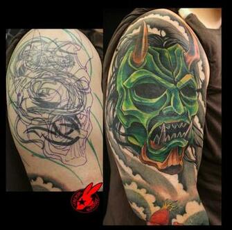 Oni Demon Mask Cover Up Tattoo By Jackie Rabbit Jackierabbit12 On