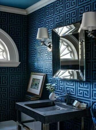 Navy Greek Key Wallpaper Contemporary Bathroom