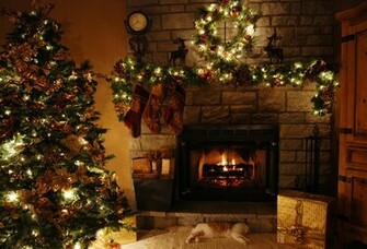Wallpaper Christmas New Year Tree Cat Fireplace Gift