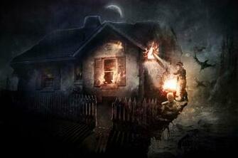 Gothic Houses Fire Fence Fantasy Dark Wallpaper Background