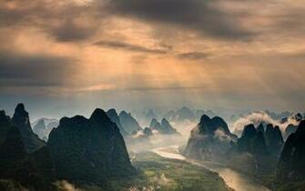 Mountains Landscape Field Mist Sun Rays Forest