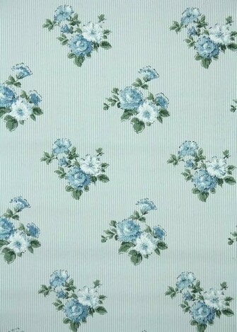 Vintage Wallpaper Tiny Blue And White Stripe With Floral Bouquets