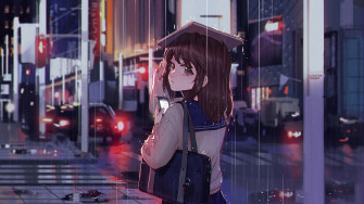 Anime School Girl Raining 4k Wallpaper