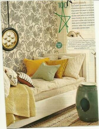 Olson Paisley Wallpaper Cream Sofa Aqua Blue Accents Warm Yellow