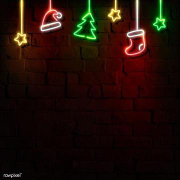 Stars Santa Hat Stocking And Christmas Tree Neon Sign On A Dark