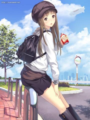 Long Hair Brunette Anime Girls Skirt Hat Clouds HD
