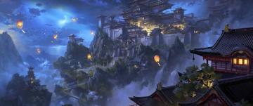 Anime Sky Lantern Mountain Japanese Castle Night Scenery 4k