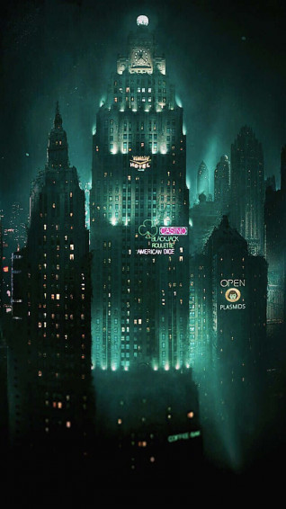 A City With Green Light On It Wallpaper