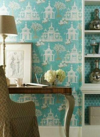 Coordinating Wallpaper In Bookshelves Home