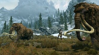 Big Giant And Two Mammoths In This Beautiful Skyrim Wallpaper