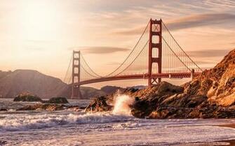 Usa San Francisco Golden Gate Bridge Rocks Waves Beach
