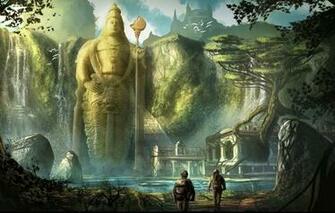 Wallpaper Mountains River Castle Ladder Statue Forgotten