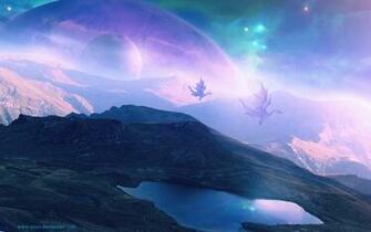 Dragon Purple Landscape Planets Fantasy Wallpaper