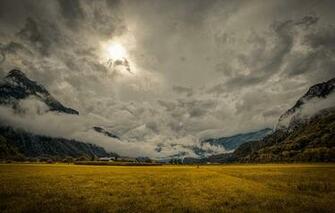 Wallpaper Clouds Mountains Sun Farm
