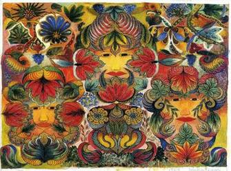 Three Faces In Lush Landscape American Folk Art Wallpaper Image
