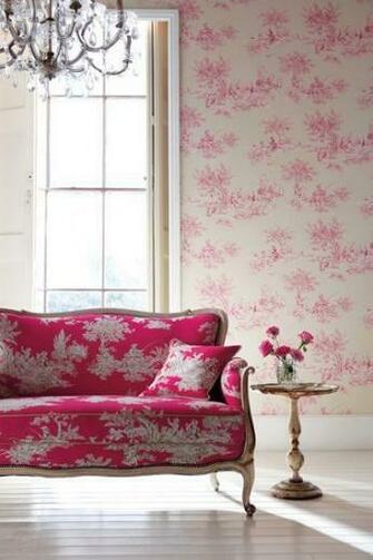 Bright Pink Toile Sofa And Wallpaper