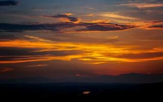 Sky Sunset Lake Mountains Clouds Wallpaper