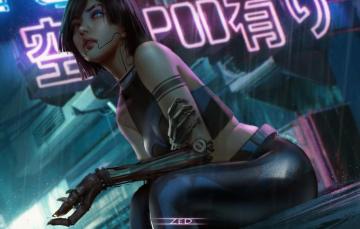 Wallpaper City Girl Alone Cyberpunk Tatoo Eye Sitting Arm