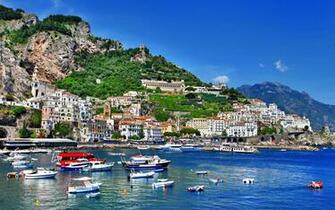 Italy Positano Salerno Amalfi Boats Shore Sea Houses Mountains
