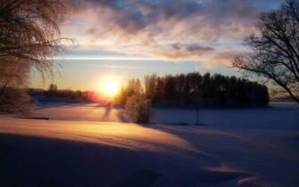 Sunset On Snowy Field Wallpaper
