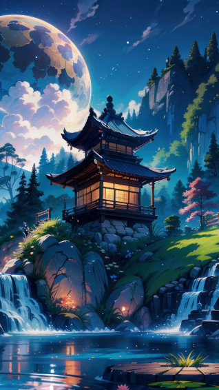 Chinese House Night Moon Scenery 4k Wallpaper iPhone HD Phone 8381m