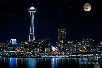 Seattle Skyline At Night With Full Moon By Valerie Garner