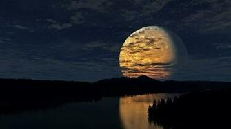 Clouds Stars Full Moon River Wallpaper Background