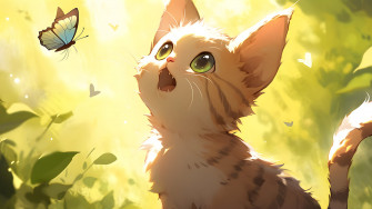 Funny Cat With Butterfly Green Desktop Wallpaper Pre