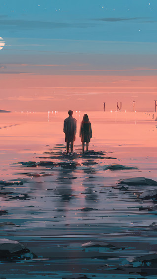 Couple Silhouette Sunset Scenery Digital Art 4k Wallpaper iPhone