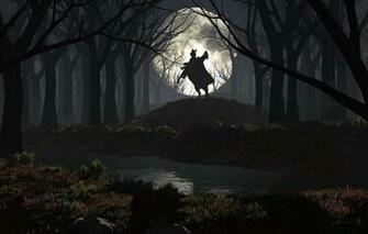 Wallpaper Horseman Headless Moon Night Forest River