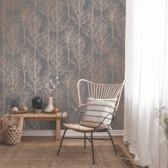 Winter Tree Metallic Wallpaper In Charcoal Copper I Love