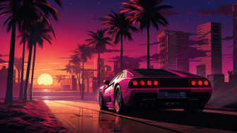 Sunset Sports Car Street Palm 4k Wallpaper
