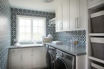 Laundry Room Features Kelly Wearstler Imperial Trellis Navy Wallpaper