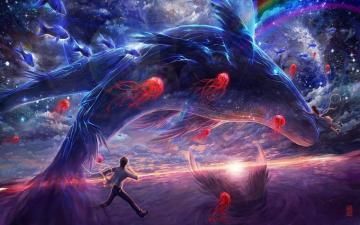 Space Whale Jellyfish Sunset Sun Planet Rainbows Landscape