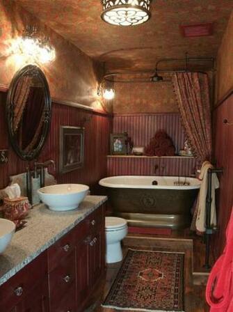 Red Bathroom With Wallpaper Beadboard Standing Tub