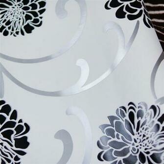 Floral Wallpaper Black Flowers On White Flocked Velvet 10m Roll