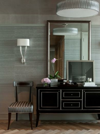 Foyer Front Door Wood Floor Grasscloth Wallpaper Herringbone