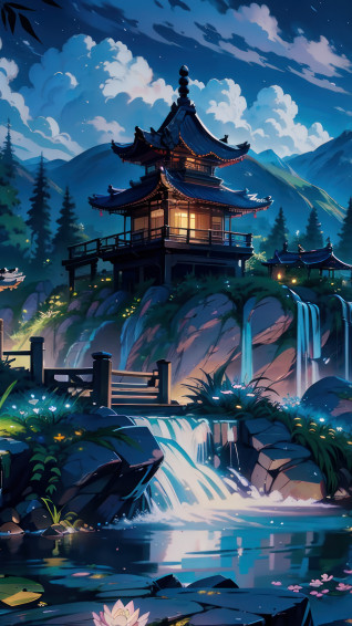 Chinese House Night Moon Scenery 4k Wallpaper iPhone HD Phone 8371m