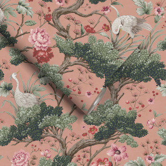 Crane Bird Vintage Pink Wallpaper Green Bright Animals Birds