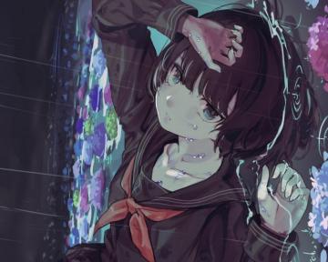 Wallpaper Girl Uniform Sad Rain Flowers
