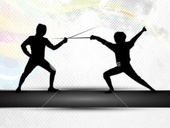 Silhouette Of Fencing Athletes Practicing On Abstract Grungy