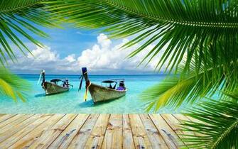 Nature Landscape Beach Tropical Palm Trees Walkway Boat