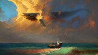 Sea Ship Birds Whale Clouds Painting Wallpaper Magic4walls