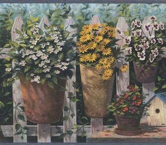 Blue Orange White Yellow Flowers In Pots Fenced Yard Country