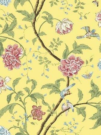 Wallpaper Pink Red Blue Green Floral Vine With Birds Butterflies