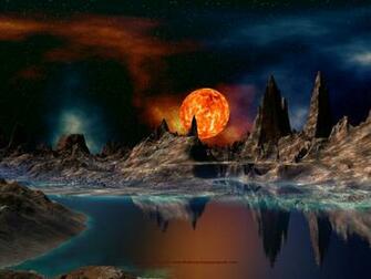 Space Background Of A Red Giant Sun Setting Over Rocky Alien Planet