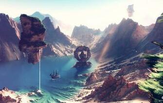Wallpaper Landscape Mountains Ship Art Desktopography Render