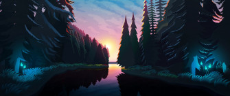 Wallpaper River Forest Sunset Landscape Art Dual