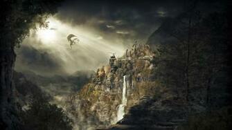 Wallpaper Dragon Mountains Waterfalls Skyrim Dragonborn