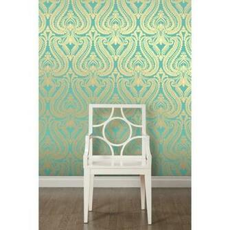 Wallpaper Shimmer Damask Metallic Designer Rich Teal Gold